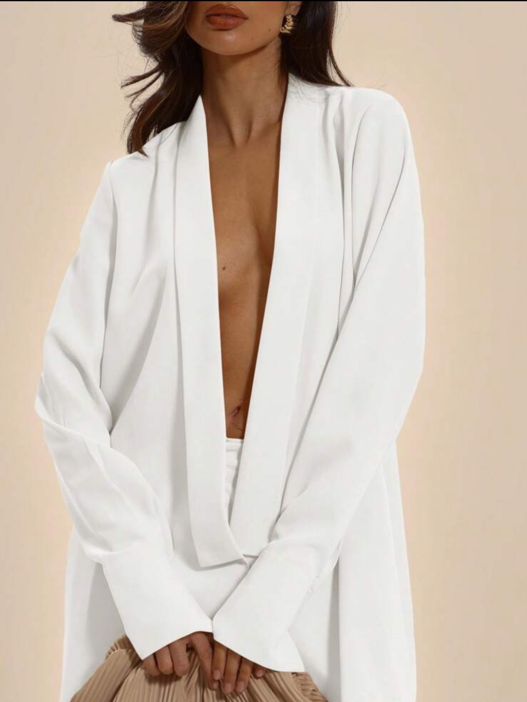 Oversized Plunge Front White Blazer Top